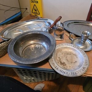 Entry Silver-Tone Metal Serving Bowls & Candle Holder Set